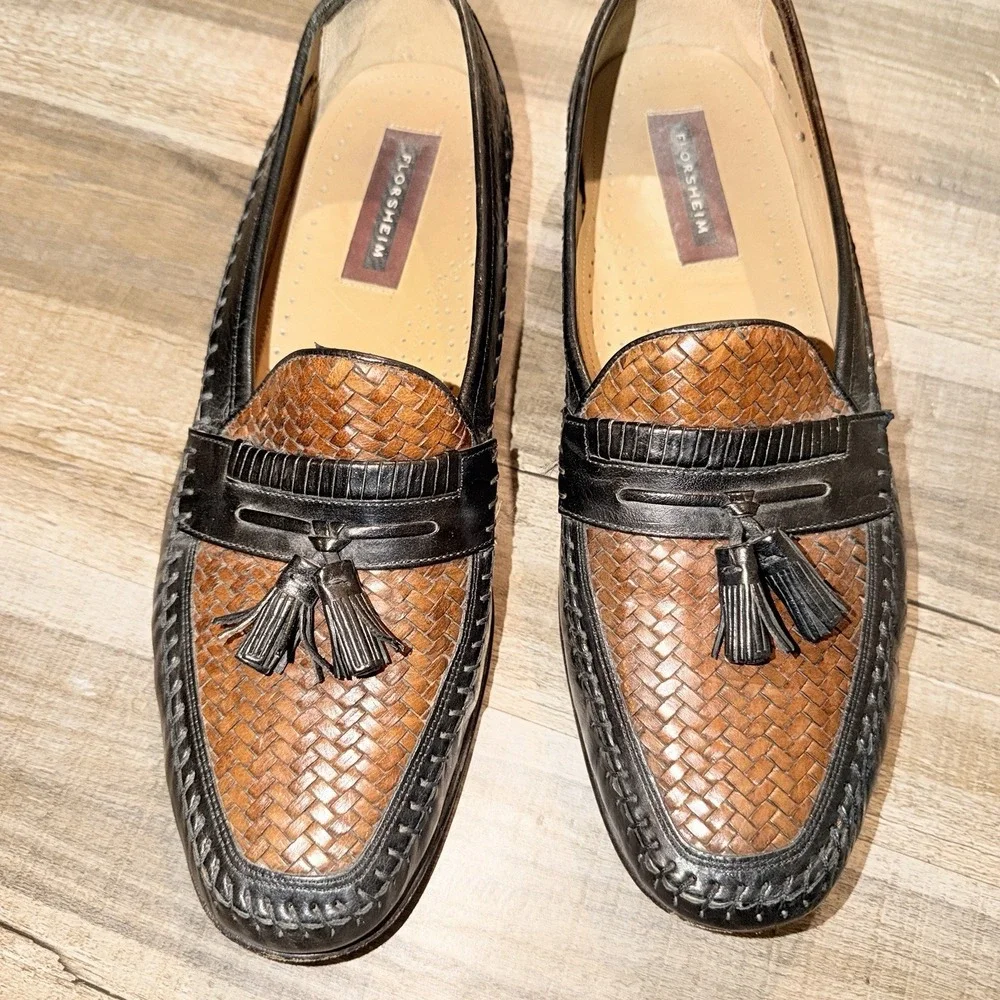 Florsheim Woven Leather Tassel Loafers Mens 12 D Black Brown Dress Shoes Moc Toe